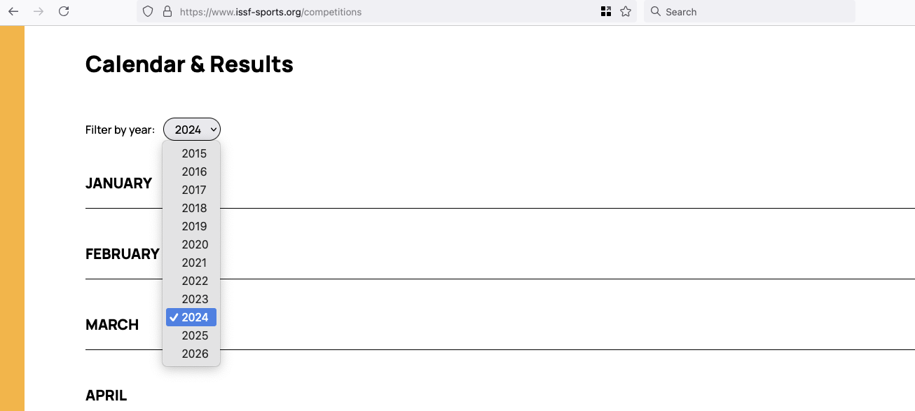 A drop down menu shows date options from 2015 to 2026, indicating that results for competitions prior to 2015 are no longer available.