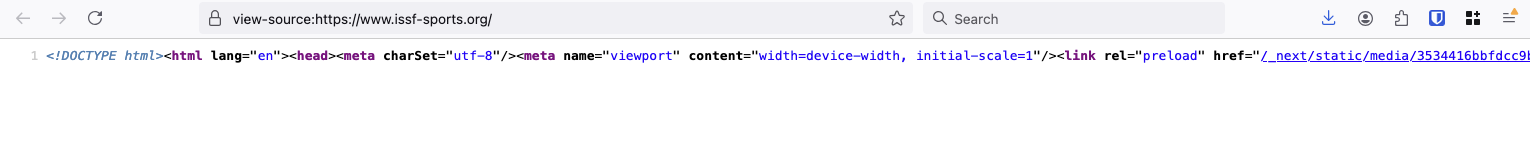The source view of the ISSF home page. The entire source is on one very long line with no breaks, making it hard to read.