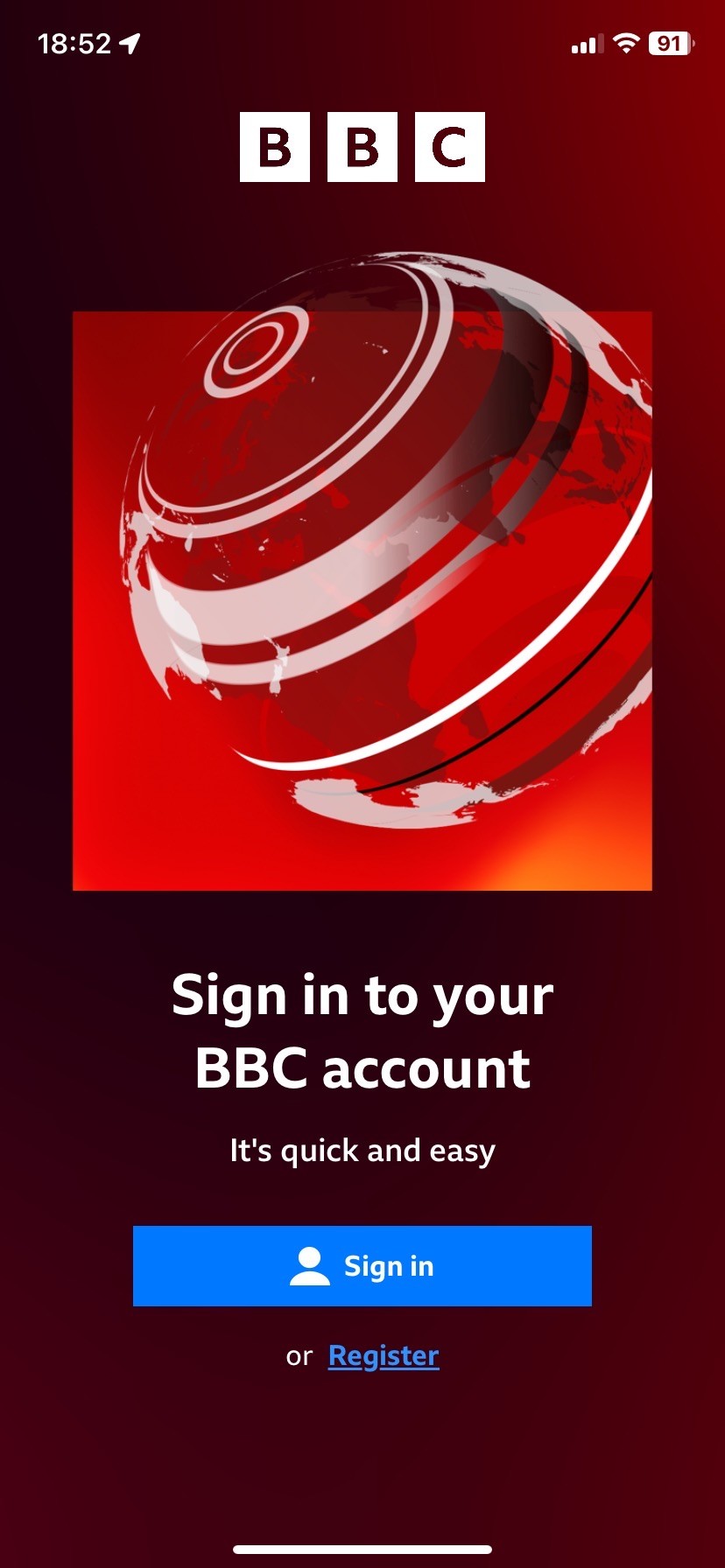 A splash screen reads Sign in to your BBC account