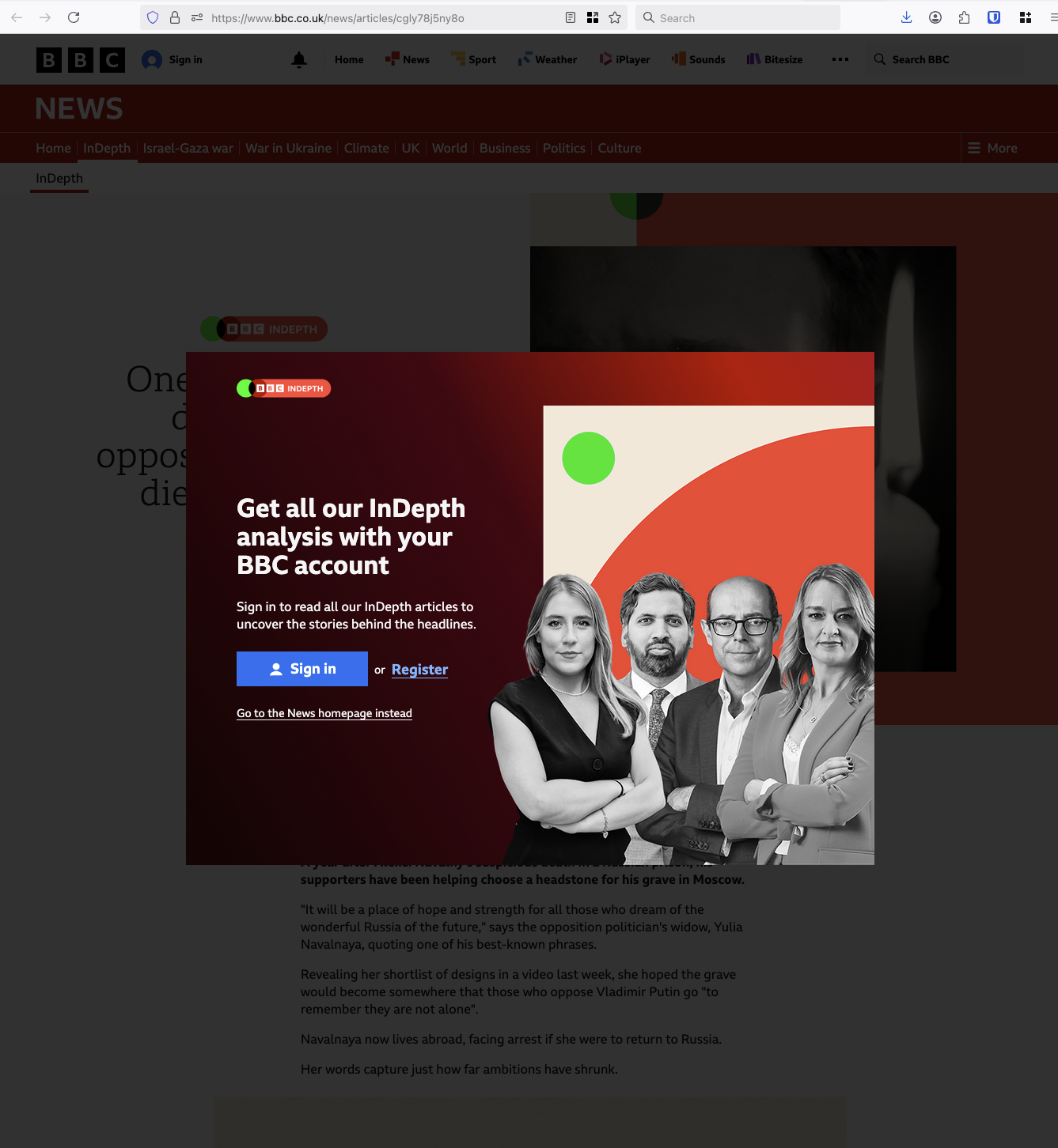 A popup reads Get all your InDepth analysis with your BBC Account. Sign in to read all our InDepth articles to uncover the stories behind the headlines.